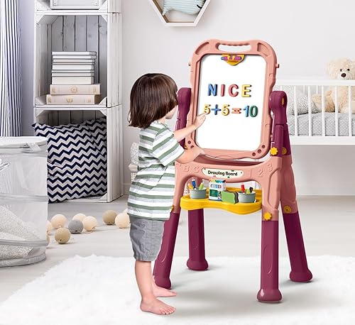 Miniatura 5 de Caballete de arte para niños con tablero de dibujo magnético, doble cara con letras y números magnéticos, caballete de pie ajustable para niños