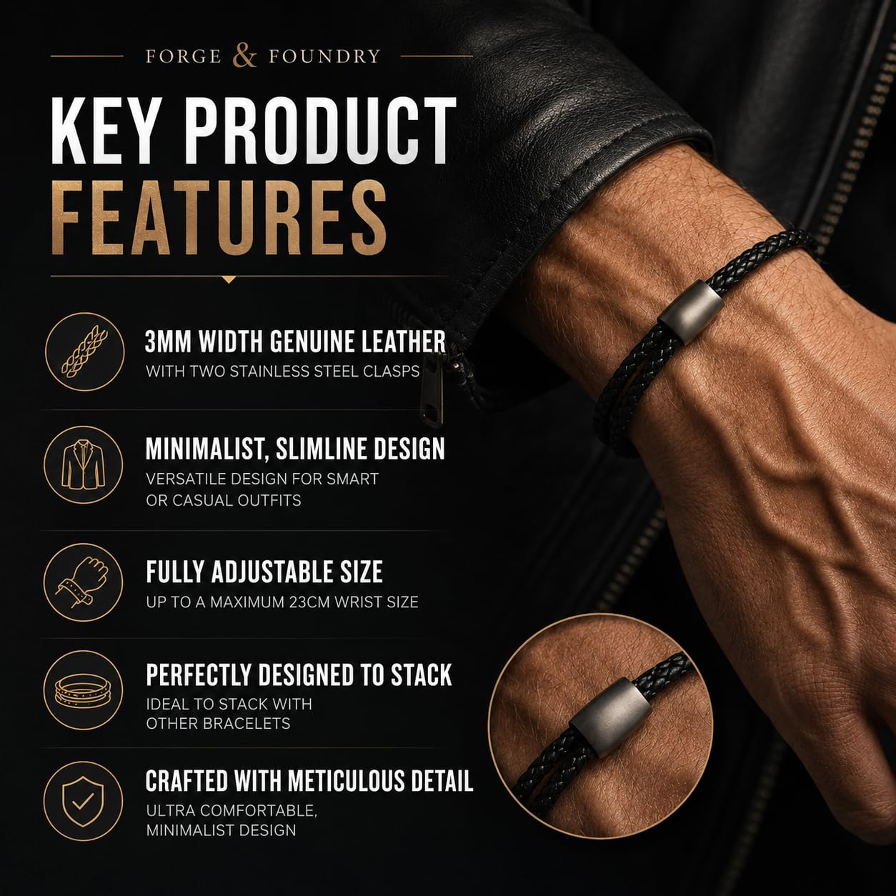 Forge & Foundry Bracelet réglable en cuir tressé noir pour homme | Fermoirs coulissants noirs mats, taille unique, Cuir, Pas de gemme