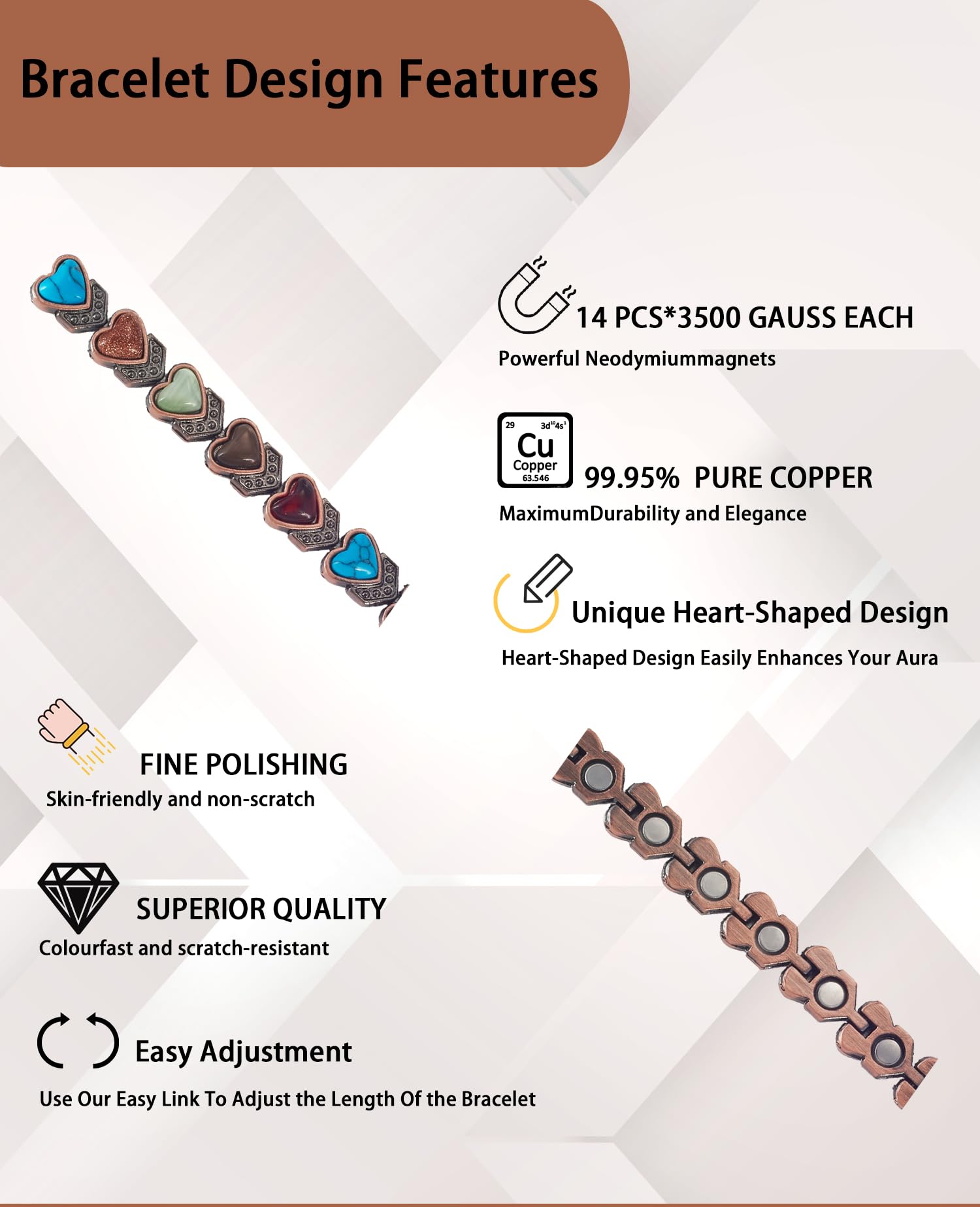 Wollet Magnetisches Kupferarmband für Frauen, magnetische Armbänder für Frauen, türkiser Schmuck mit 3500 Gauss-Magnet (mit Geschenkbox) (Typ A)