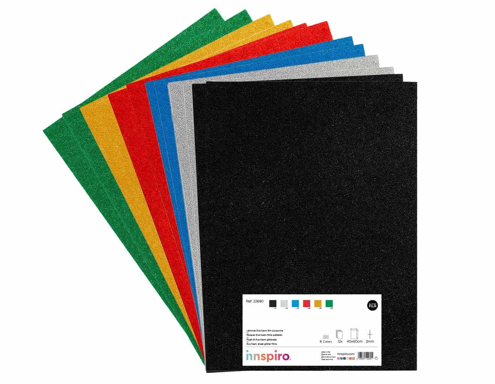 INNSPIRO Set of 12 Sheets EVA Foam Glitter Film, Assorted 6 Colours, 40 x 60 cm x 2 mm.