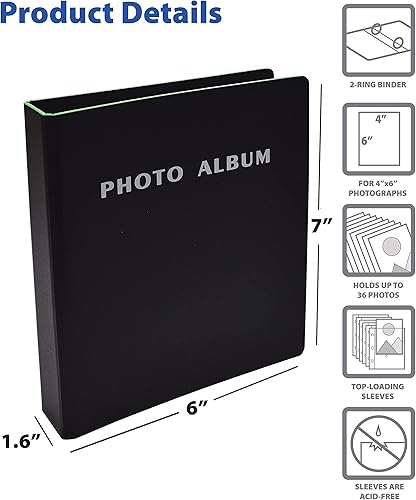 Miniatura 3 de Better Office Products Álbum de fotos para fotos de 4 x 6 pulgadas, mini carpeta de fotos de tapa dura de 2 anillas, capacidad para 36 fotos de 4 x