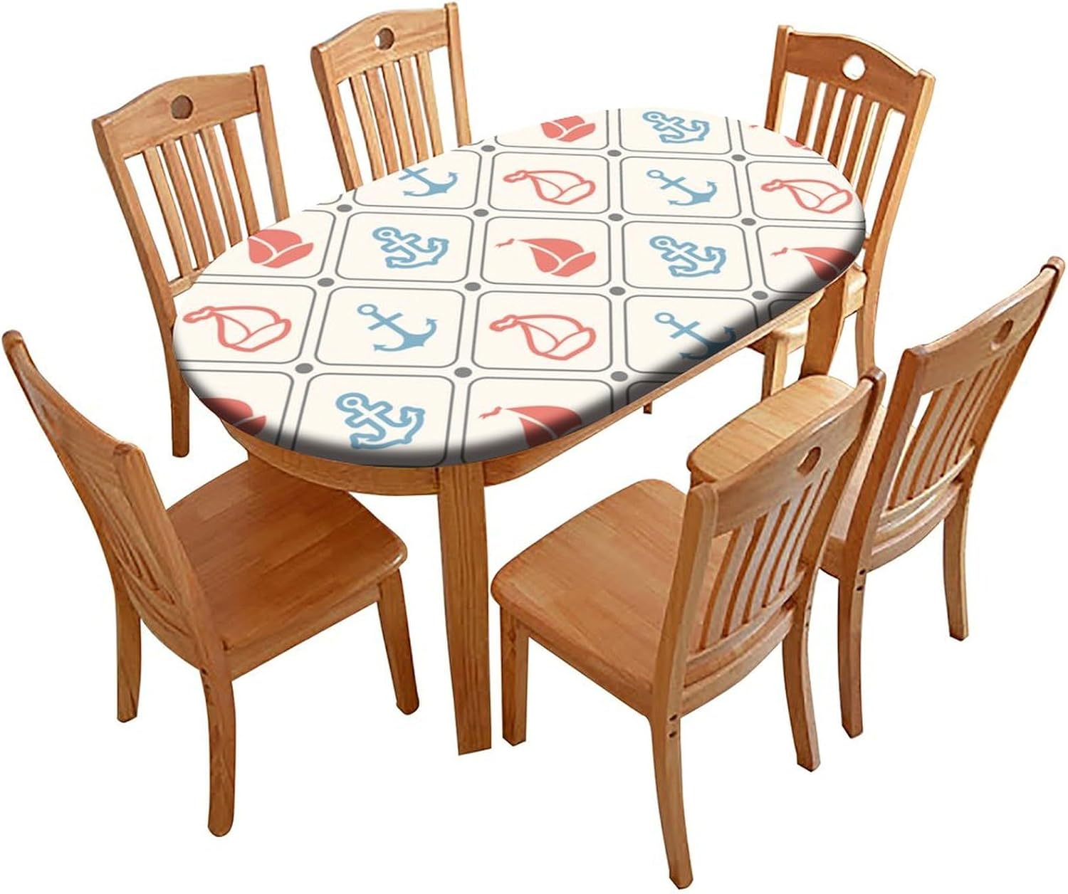 Oval Fitted Polyester Tablecloths, Ocean Theme Elastic Edge Home Decor Tablecloth, Waterproof Oil & Dust Proof Table Cover for Family Festival Party Use, Fits for 48" x 68" Oval Table