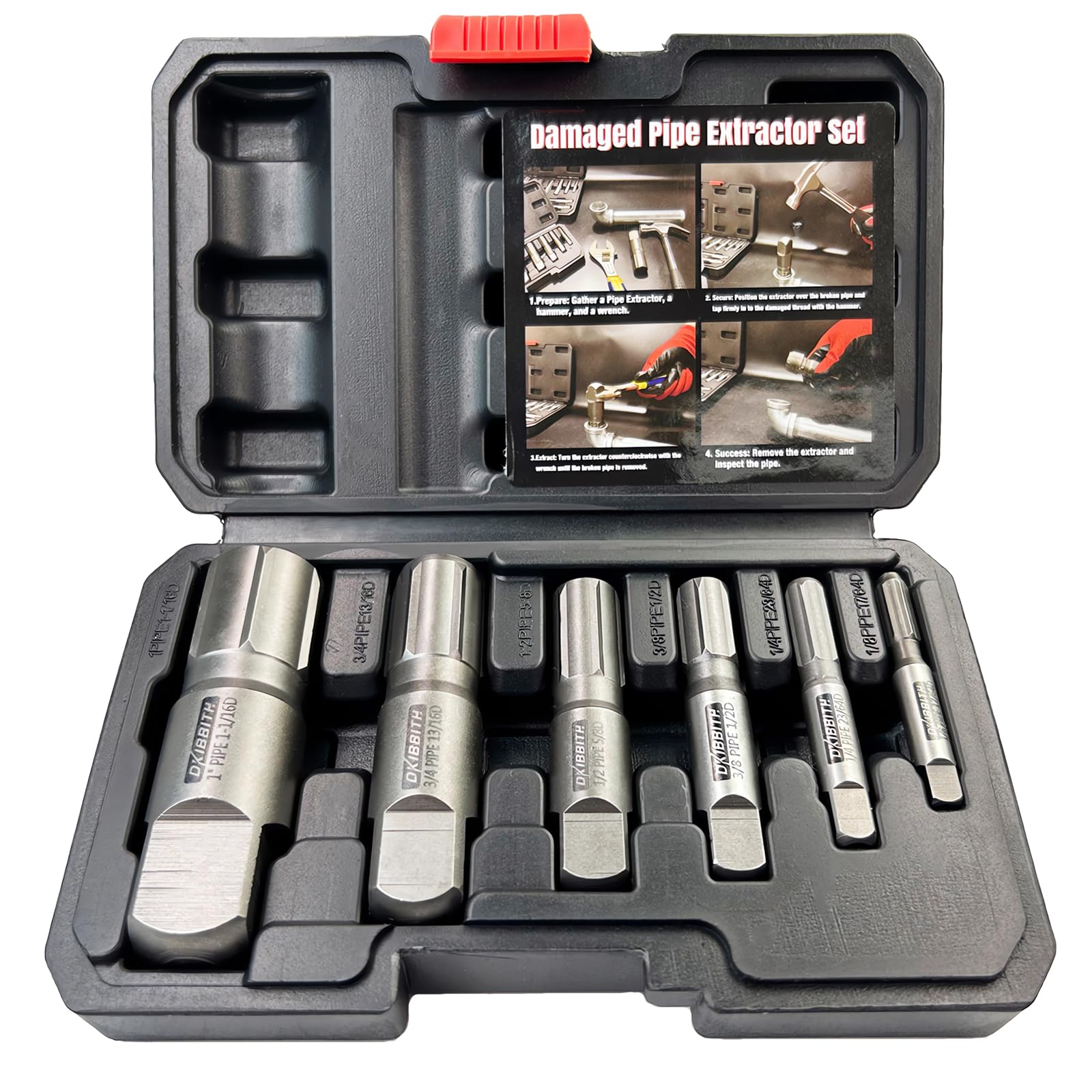 Pipe Extractor Set, 6-Piece Heavy Duty Steel Broken Pipe Extractors for Removing Damaged Threaded Pipes & Fittings from 1/8" to 1", with Durable