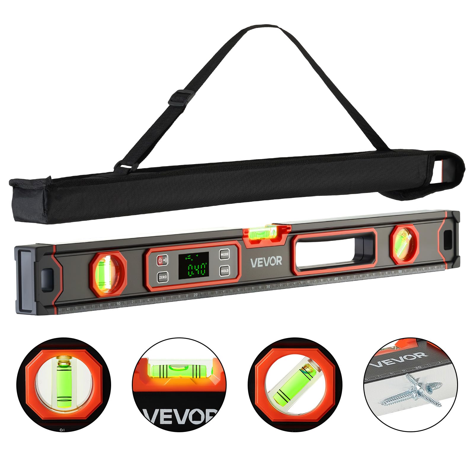 VEVOR Niveau Électronique 600 mm, Niveau à Bulle Numérique Magnétique 360° pour Construction, Bricolage, Menuiserie et Rénovation, avec Écran LED Rétroéclairé et Fioles 0°, 45°, 90°, Indice IP54