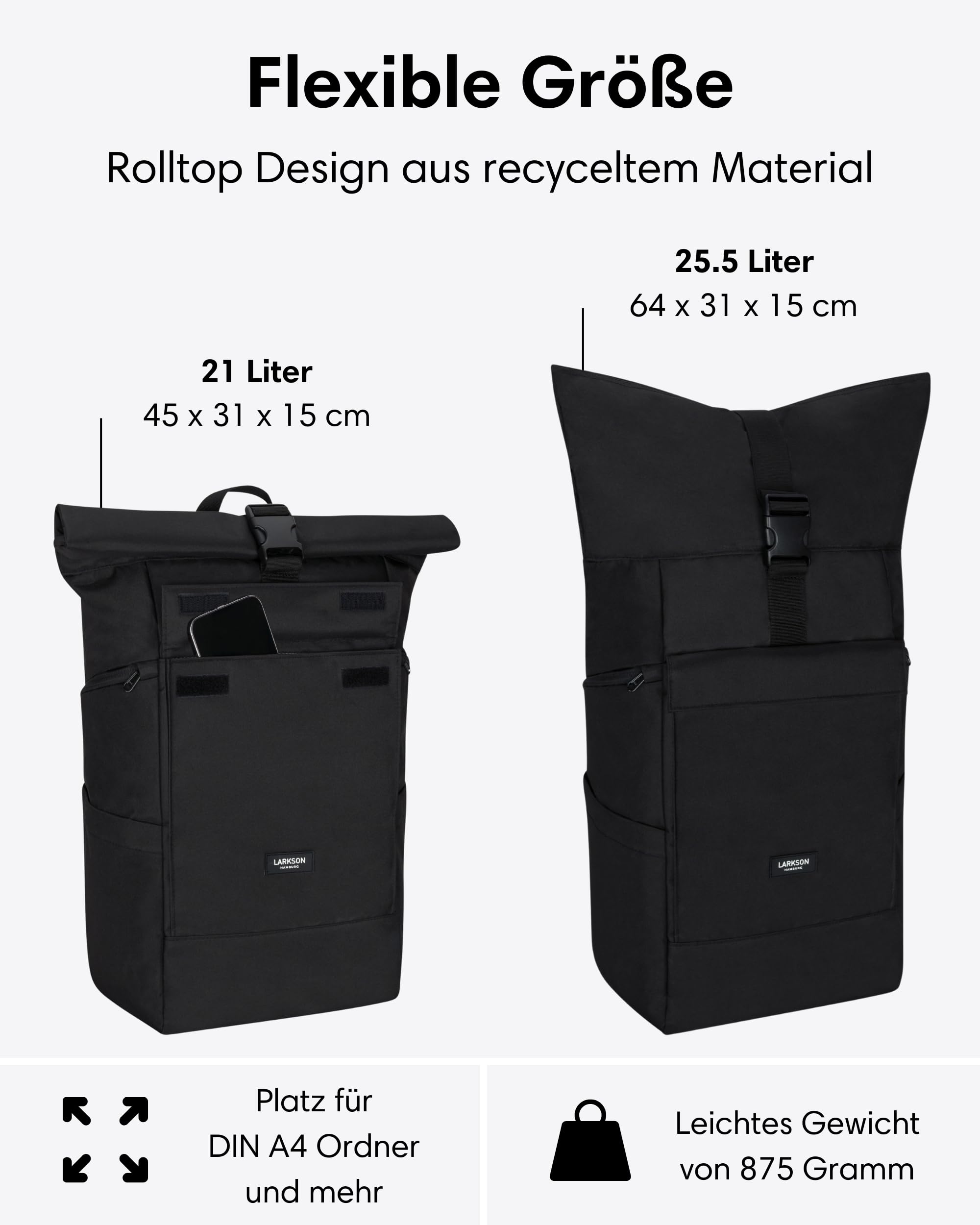 LARKSON Rucksack Damen & Herren Schwarz - No 4 Large - Rolltop Backpack 21 L mit 16 Zoll Laptopfach Uni, Arbeit & Fahrrad - Großer Reiserucksack mit Trolley Strap