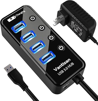 vantisan Powered USB 3.0 Hub, USB Extension 4-Port USB Hub Splitter 4 USB 3.0 Data Ports+1 Smart Charging Port with 5V/3A Powered Adapter and Individual ON/Off Switches