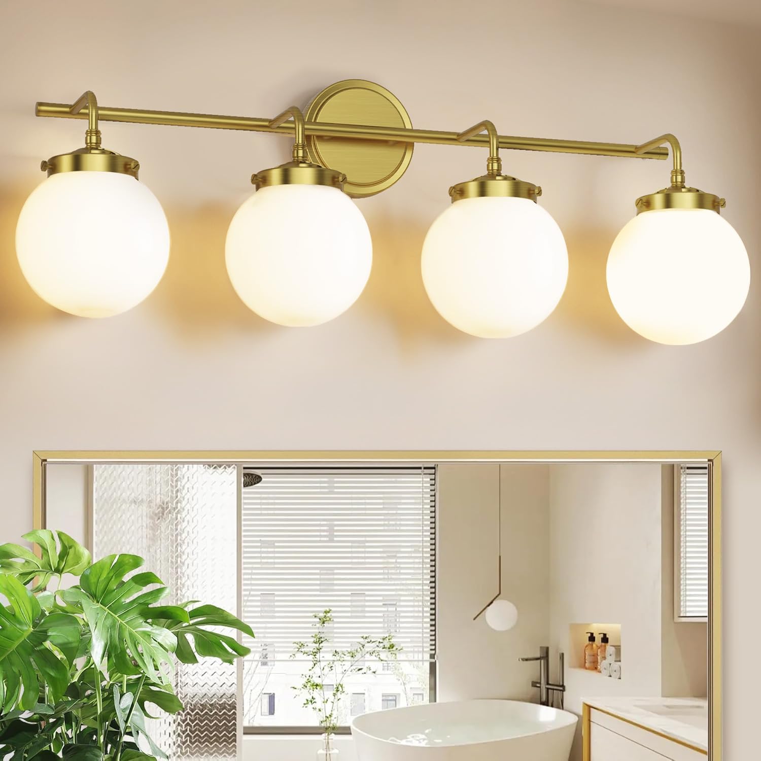 IZORRO Gold Bathroom Vanity Lights, (4-Light, 30-inch) Modern Vanity Light Fixtures, Bathroom Lighting Fixtures Over Mirror, with Milky Glass Globe Shade (Exclude Bulb and dimming Switch)