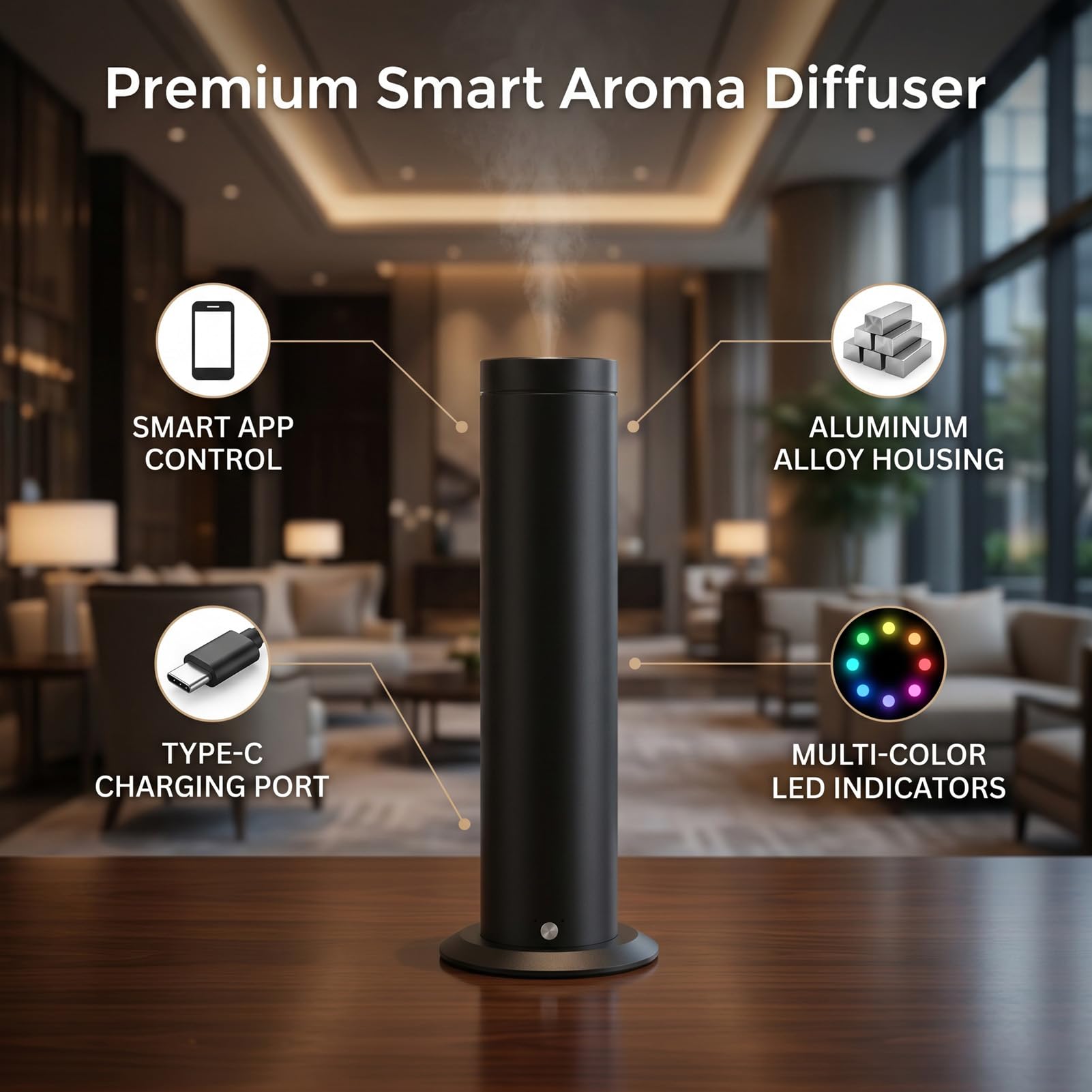 Qcwwy Diffusore di Oli Essenziali a Nebbia Fredda Diffusore di Olio Senza Acqua da 100 Ml, Controllo APP Macchina per Profumi Intelligenti Guscio in Lega di Alluminio 100 Ml Grande capacità APP Durata