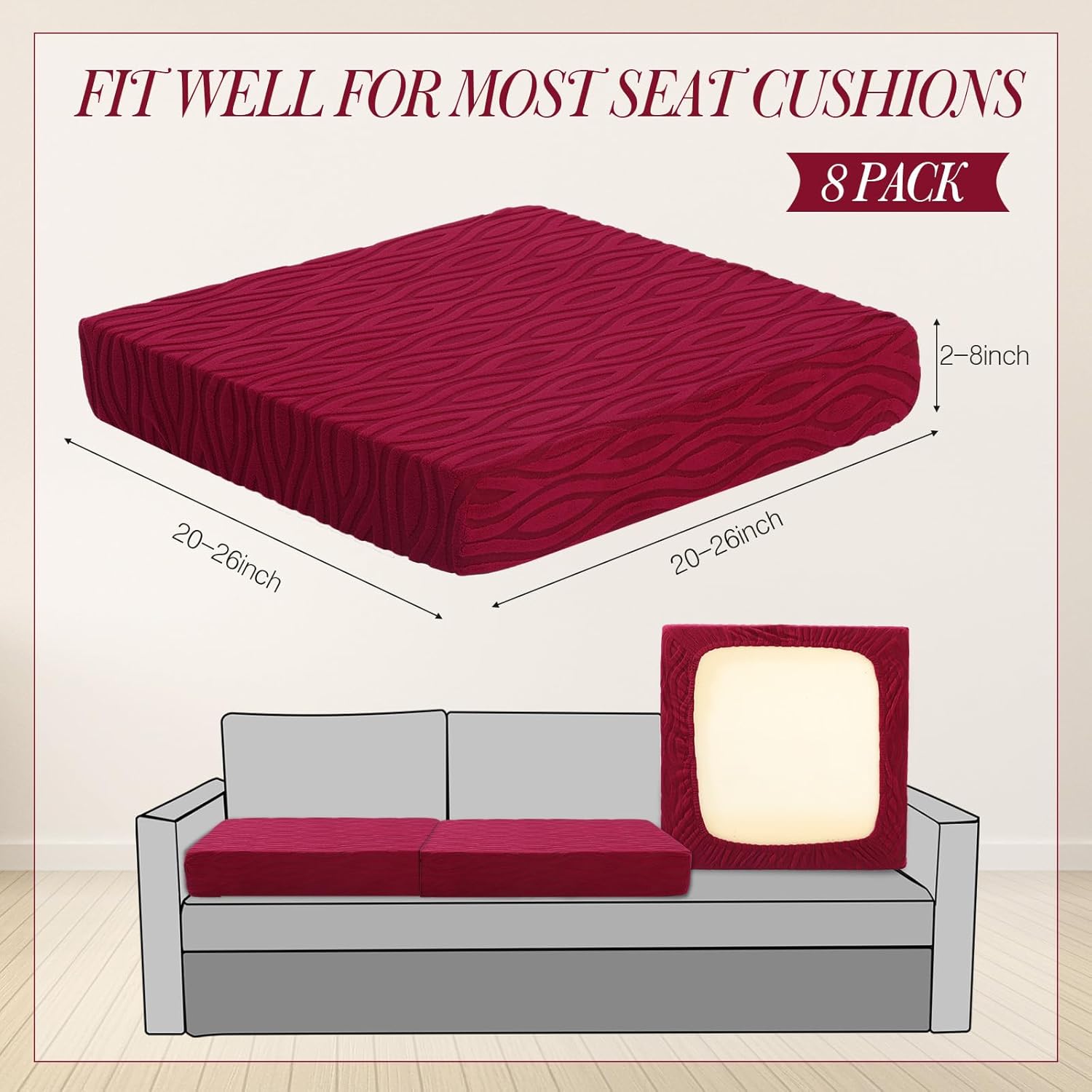 Newwiee 8Pcs Stretch Patio Cushion Covers Outdoor Cushion Covers for Patio Furniture Replacement Couch Sofa Slipcovers Jacquard Textured Soft Fabric Washable Furniture Protector (Wine Red,Classic)
