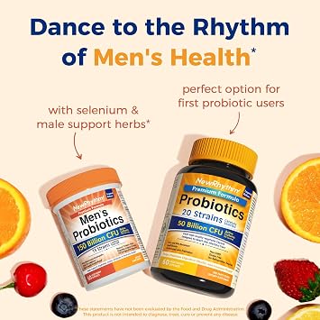 NewRhythm Probiotics for Men, with Prebiotics, Selenium, Digestive Enzymes, Akkermansia Muciniphila, Cranberry Extract, 150 Billion CFU, Digestive, Colon, Immune, Men's Health, 60 Vegan Caps