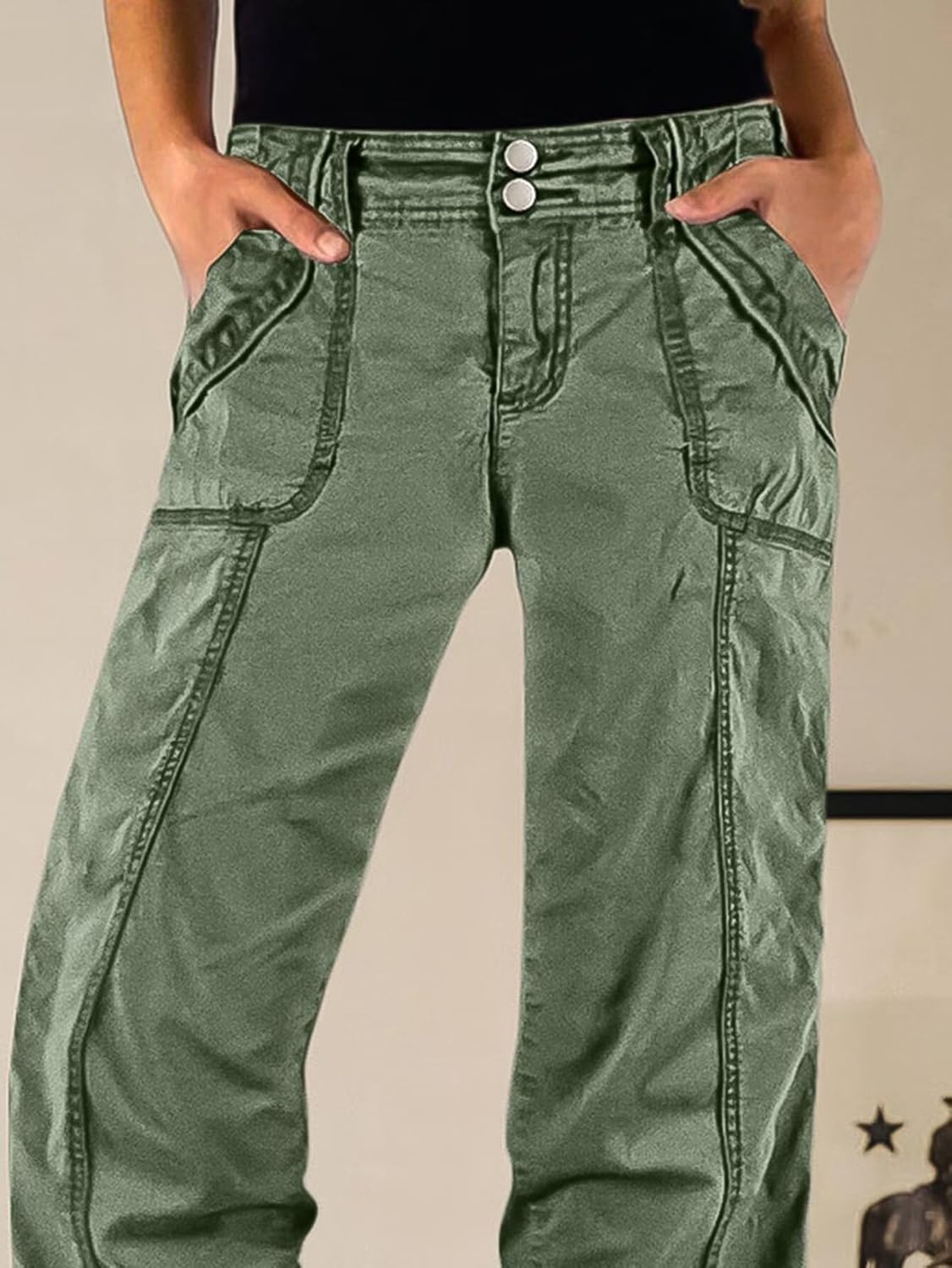 Flamingals Straight Leg Pants for Women Mid Rise Baggy Cargo Dual Button Patch Pocket Casual Pants - Image 2