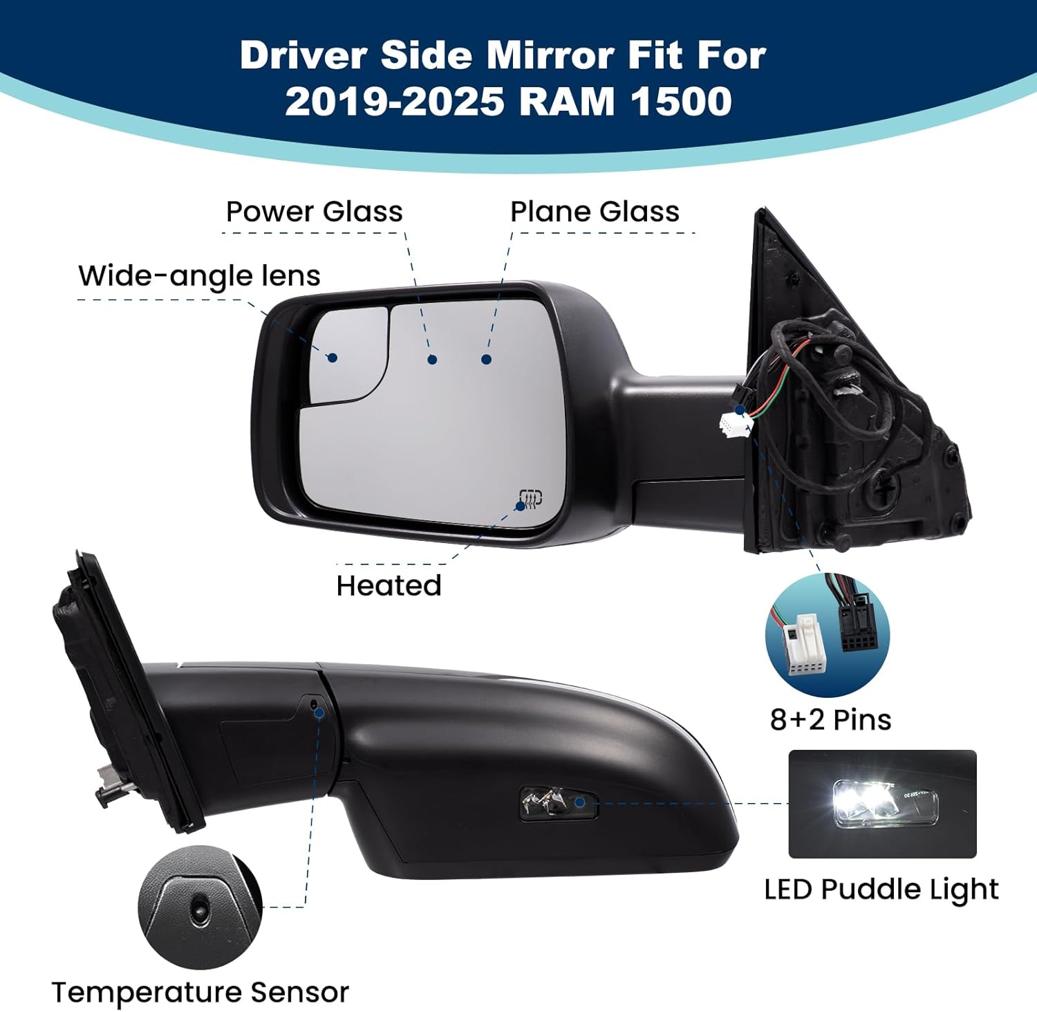Side Mirror Fits For Ram 1500, Compatible With Ram 1500 Driver Side Mirror Replacement,Compatible With Ram 1500 Passenger Side Mirror Replacement (19-25(8+2pins) Black, Left)