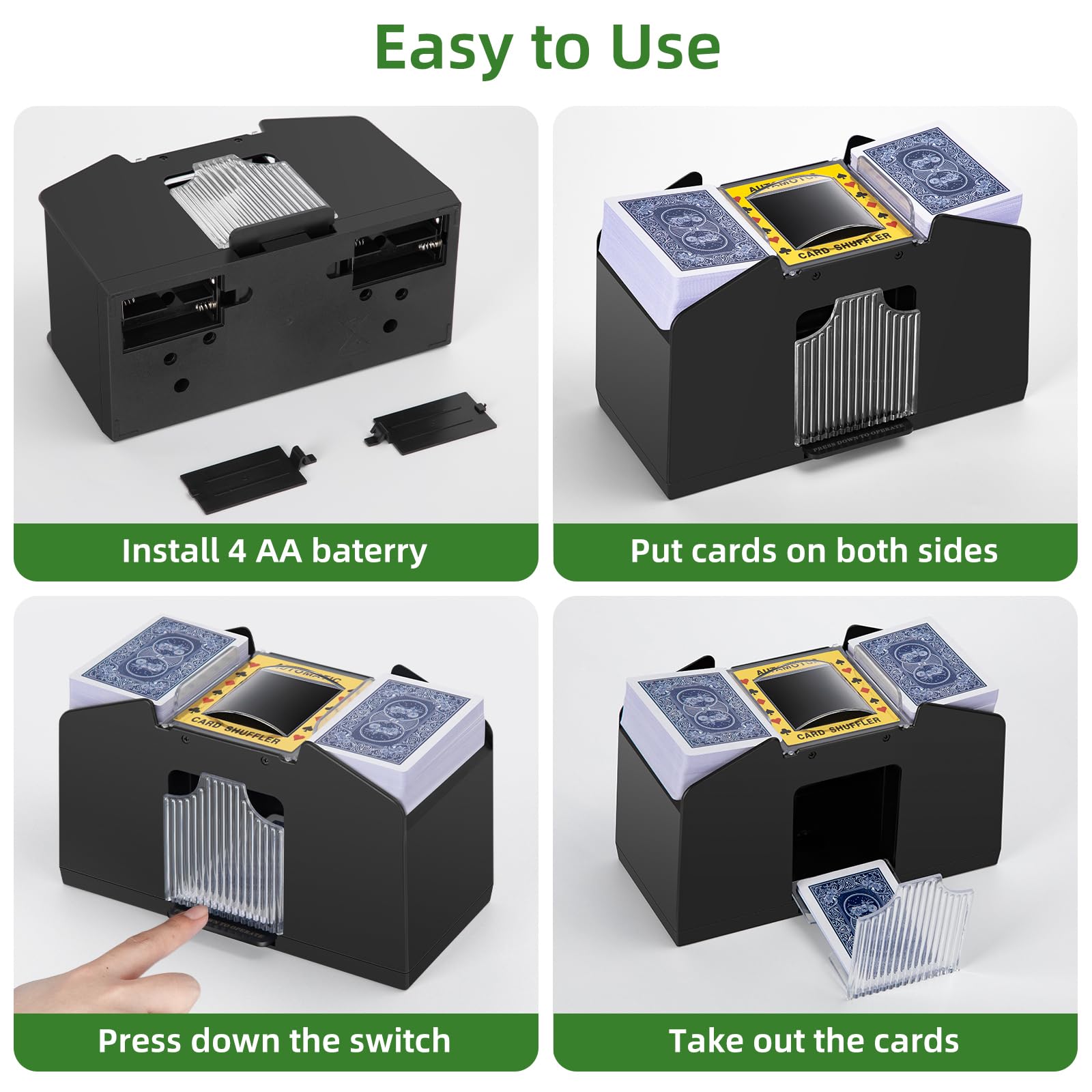 Barajador automático de cartas de 1/2/4 cubiertas, barajador de cartas eléctrico con pilas para UNO, juego de cartas de casino, póker, fase 10, blackjack, Texas Holdem, juegos de cartas para 7