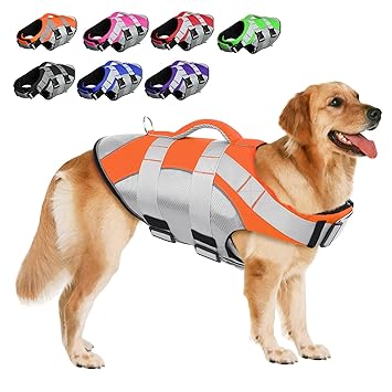 SUNFURA Pet Life Jackets, Summer Dog Float Coat with Reflective Strips and Rescue Handle, Adjustable Ripstop Pet Life Vest for Small, Medium, Large Dogs(Orange,XL)