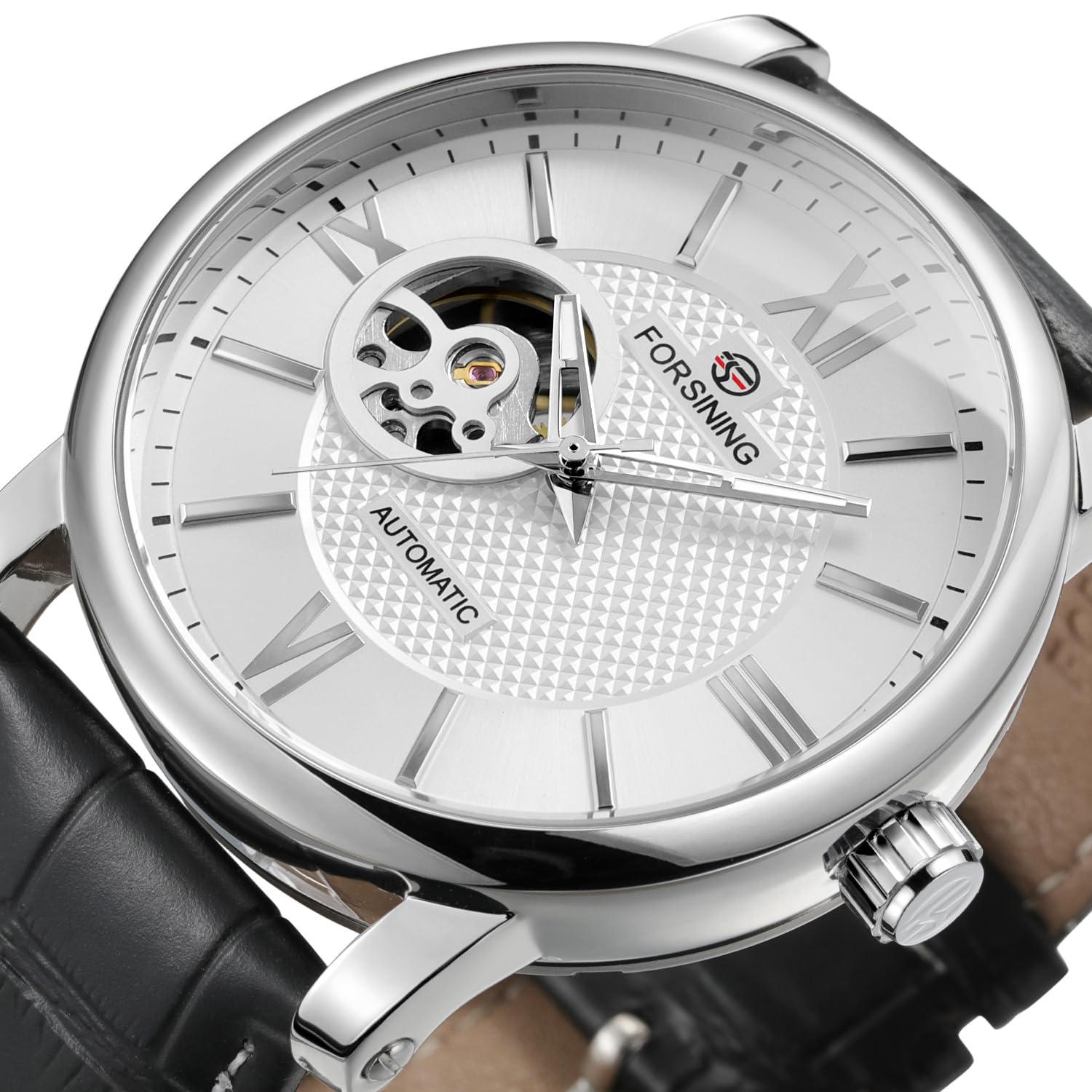 FORSINING Orologio da polso da uomo, meccanico, alla moda, con grande quadrante in pelle