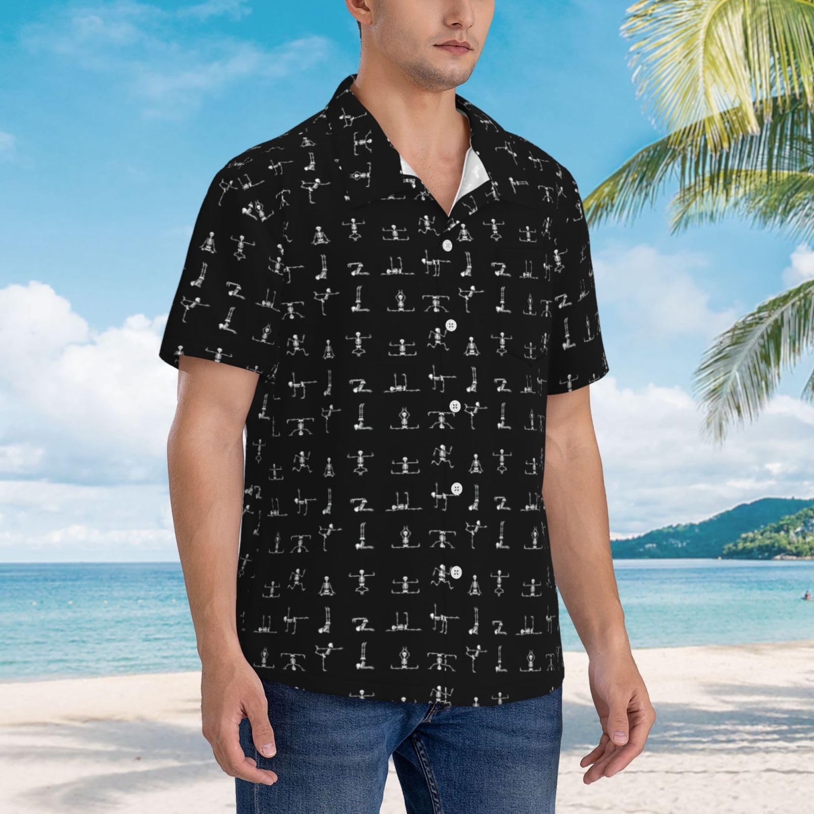Skull Yoga Stampa Estate Leggero Uomo Camicia Hawaiana Manica Corta Vacanza Casual Crociera Gite