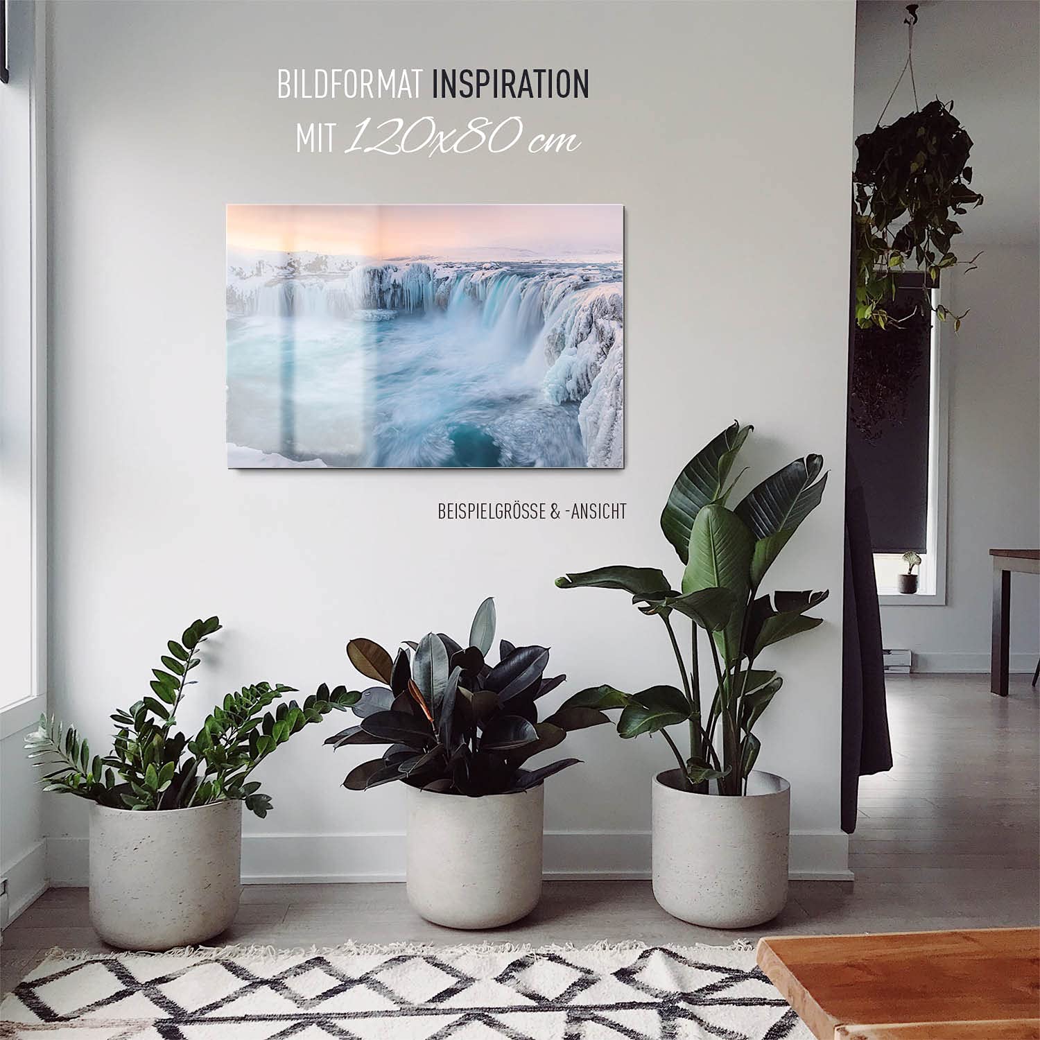 BilderKing Wandbild EIS Wasserfall Nord-Island - 120cm x 80cm Acrylglas 5mm mit Alu-Dibond Verbund + Rückrahmen