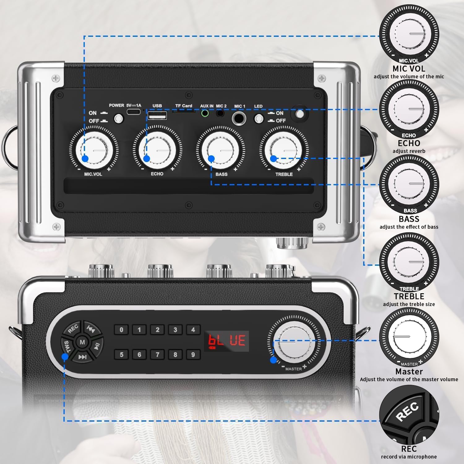Karaoke-Maschine mit 2 kabellosen Mikrofonen, tragbarer Bluetooth 5.3-Lautsprecher mit LED-Leuchten, Bass-/Höheneinstellung, PA-System mit Fernbedienung, unterstützt FM/AUX/USB/TF für Partys