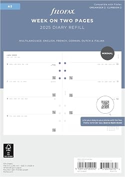 Filofax Calendar Diary Refill, A5 Size, Week-to-View, Minimal Diary Pack, White Paper, Multilingual Five Languages, 2025 C68590-25