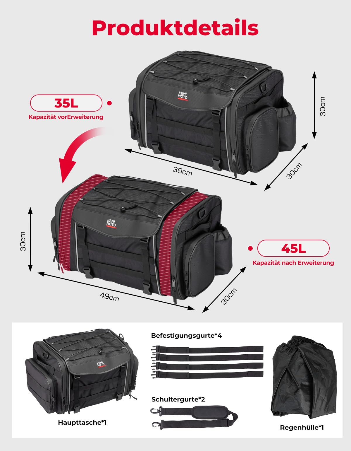 KEMIMOTO Torba motocyklowa 35-45 l, wodoszczelna torba na bagażnik motocyklowy, duża pojemność, torba podsiodłowa, torba na bagażnik z pokrowcem przeciwdeszczowym, łatwy montaż, czarna