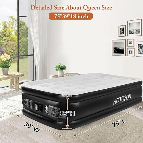 Miniatura 8 de HOTOZON Colchón de aire individual con bomba incorporada, cama de aire plegable negra de 18 pulgadas, colchones de aire inflables de lujo, colchón