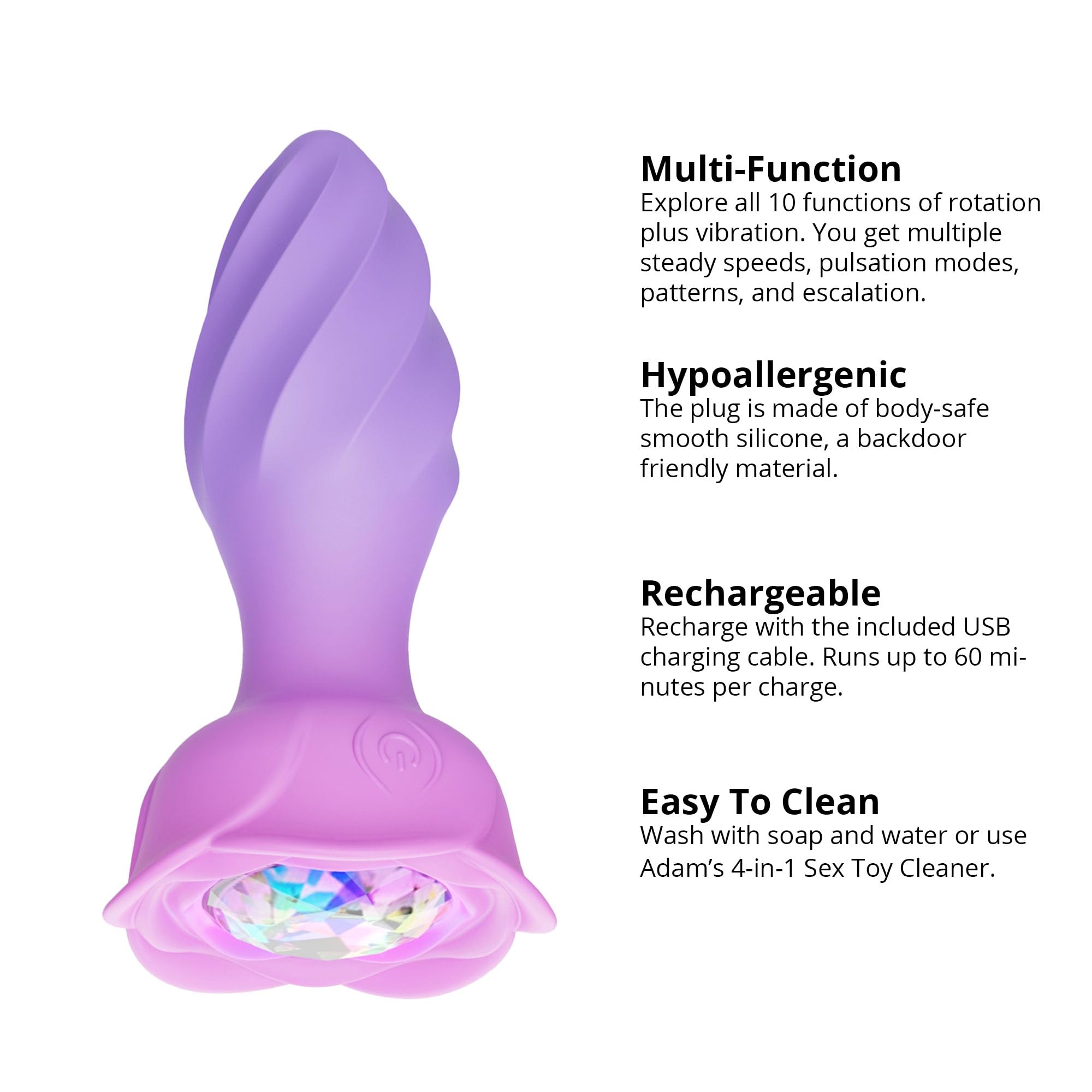 Adam and Eve Rotating Rose Plug Jeweled Anal Vibrator, Vibrating Metal Backdoor Plug, USB Rechargeable with Jewel Base, Temperature Play, 4 Vibration Modes, Comfortable for Beginners to Advanced Users