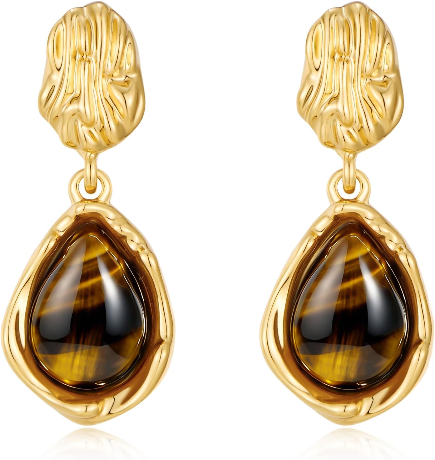YUJIE Textured Tiger-Eye Drop Earrings for Women Gold Plated Dangle Small Chunky Brown Vintage Jewelry