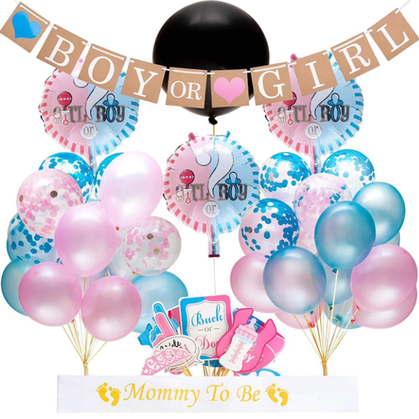Boy or Girl Gender Reveal Party Supplies Set,Baby Shower Party Decoration Gender Reveal Including Reveal Balloon, Banner, Mom To Be Sash,Foil Balloons and latex ballons,photo booth props