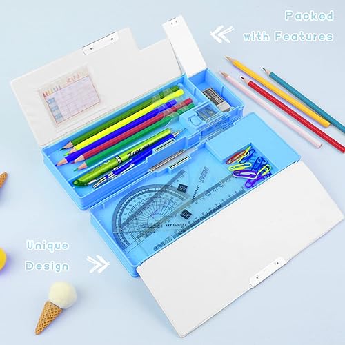 Miniatura 5 de Paquete de 2 Estuche multifunción desplegable para niñas y niños, lindo organizador de dibujos animados con sacapuntas, horario, suministros