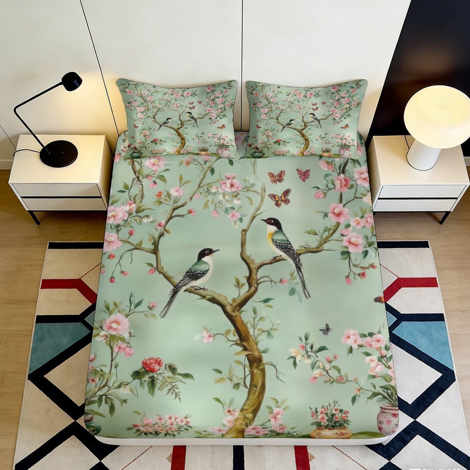 3D Printed Bird Blossom Fitted Sheet Microfiber Anti-Slip Mattress Cover for Bedroom Dorm Machine Washable Decor 140x200x25cm