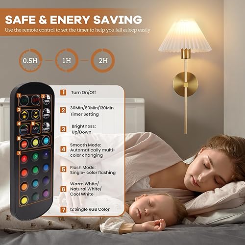 Miniatura 6 de Juego de 2 apliques de pared inalámbricos, plisados, recargables, funciona con pilas, luces de pared retro industriales doradas, apliques de tocador