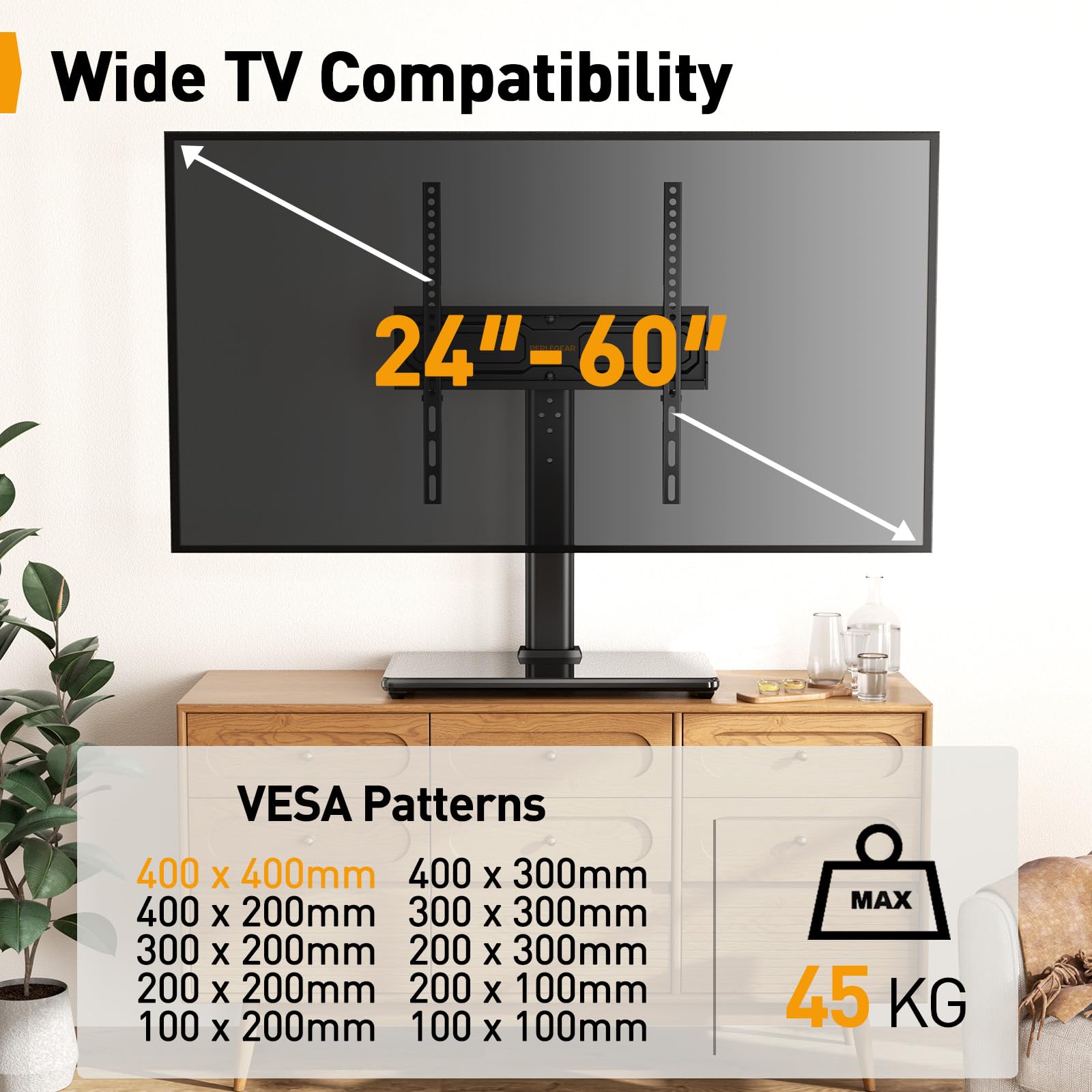 PERLEGEAR Universal TV Stand for 24-60 inch TVs up to 45kg, Swivel Height Adjustable Table Top TV Stands, TV Mount Stand with Tempered Glass Base, Pedestal TV Stand with Bracket Max VESA 400x400mm - 4