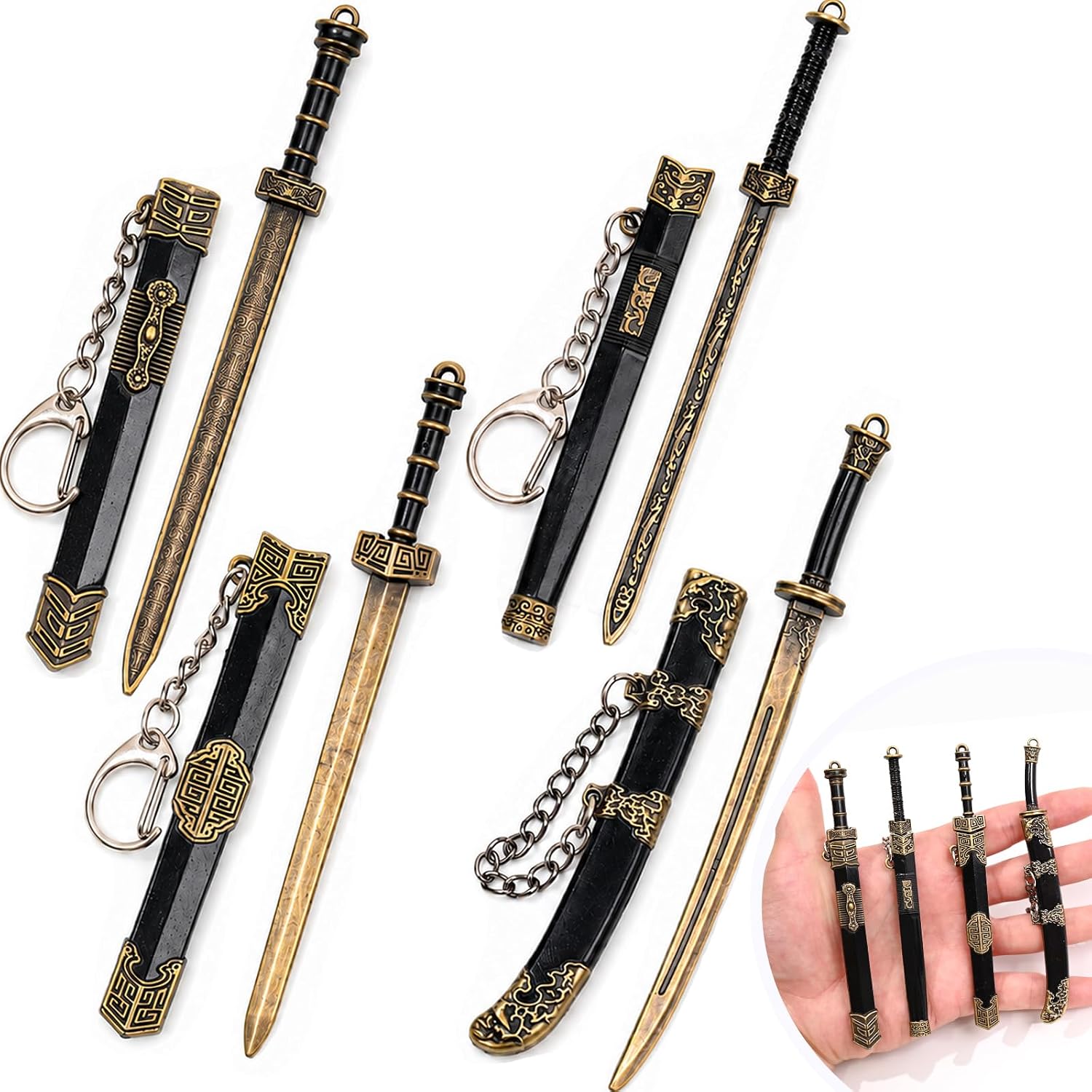 4PCS Ancient Sword Letter Opener with Sheath, Decorative Letter Opener Mini Sword Keychain Desk Decor, Mail Open Tool Envelope Slitter Opening Tool Office Mail Supplies Collectible Ornaments