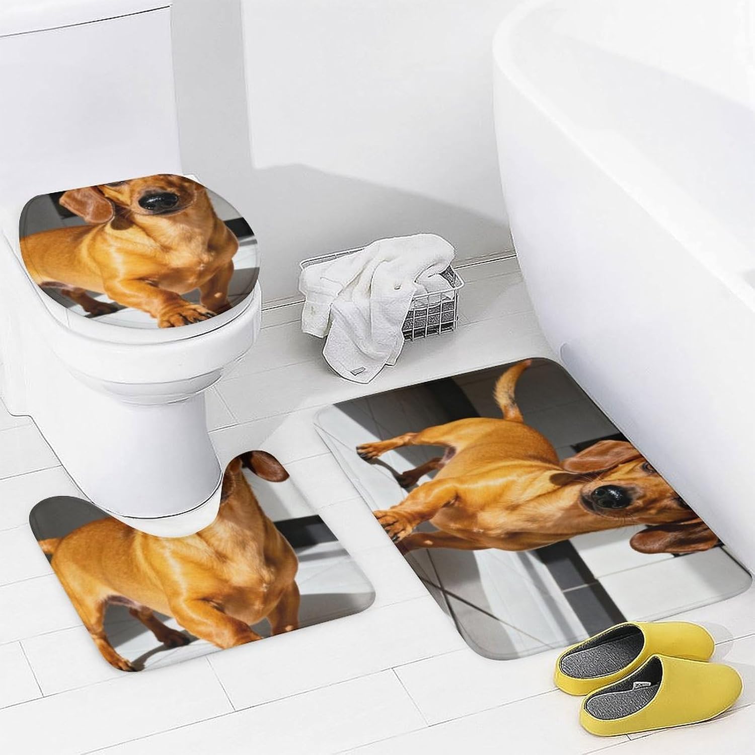 4 Piece Bathroom Rug Set with Shower Curtain, Non-Slip Bath Mat Toilet Cover Set, Dachshund Running Bathroom Rug Sets