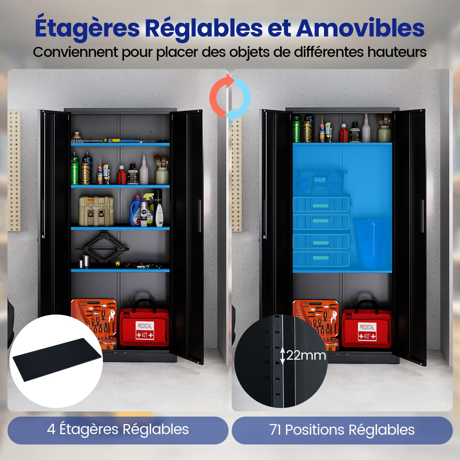 COSTWAY Armoire Bureau Metallique 180 cm, Armoire Rangement Garage en Acier, 2 Portes Verrouillables, Étagères Réglables en 26 Positions, Dispositif Anti-Basculement, pour Atelier, Noir
