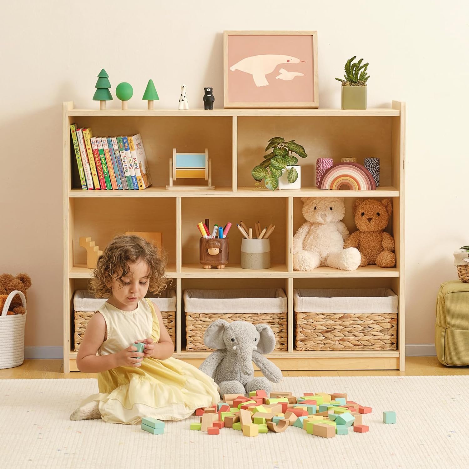OOOK Montessori Toy Shelf, 35.4" H, 3-Tier Toy Storage Organizer with 8 Cubby, Wooden Storage Cabinet, Montessori Shelves for Playroom, Nursery, Daycare, Preschool, Classroom Furniture