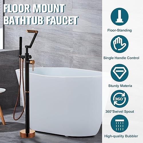 Miniatura 6 de Grifo de bañera de montaje en piso, negro mate y oro rosa, cascada de alto flujo, grifo de ducha de pie de 360 grados con mezclador de ducha de