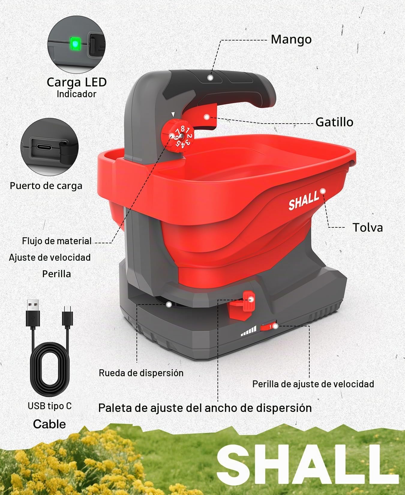 Shall Sembradora Universal con batería Recargable, abonadora eléctrica de 7,2 V, Apta para salazón de Carreteras, remoción de Nieve y siembra, Incluye batería y Cargador.