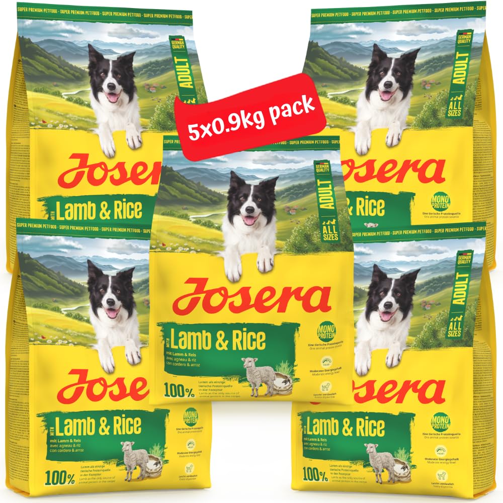 Josera Adult Lamb & Rice | Complete dry dog food for all breed sizes | Single meat protein | Low fat | Sensitive digestion | Gluten free | 5x0.9kg