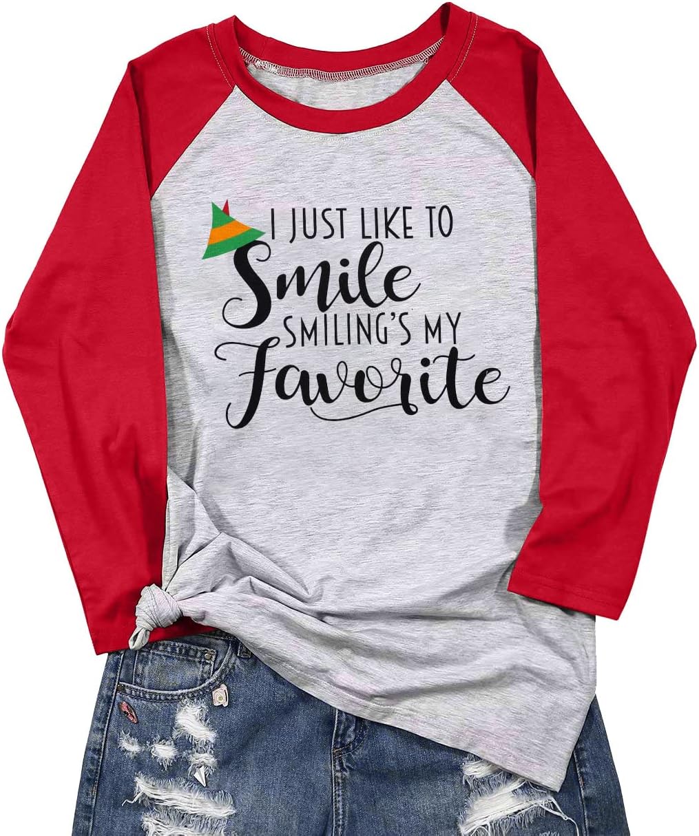 I Like to Smile Smilings My Favorite Shirt Christmas Women Cute Elf Hat Graphic Print Splicing Sleeve Tshirt