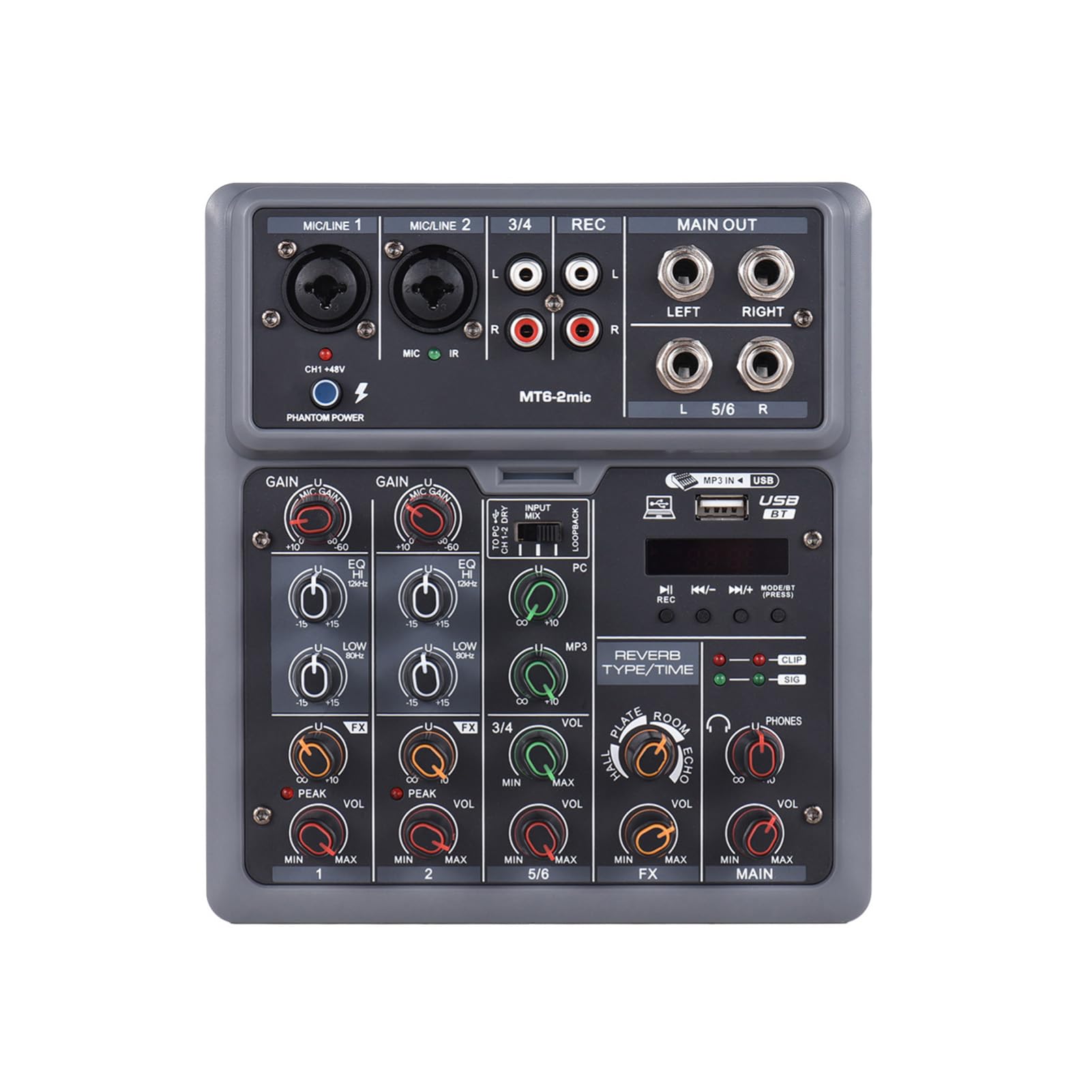Domary Mixer Audio a 6 con 2 Microfoni Wireless Mixer BT OTG 48V Alimentazione Phantom 4 Effetti Scena per Home Theater Studio Registrazione Live Streaming