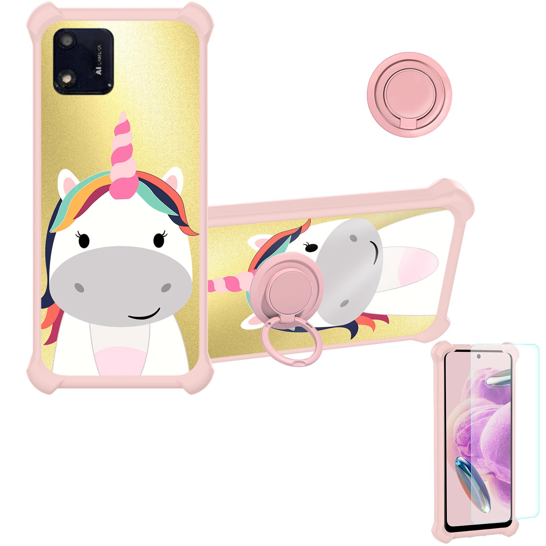 Foxx A56 Case Compatible for Foxx FOXXD A56 Phone Case Cover [with Tempered Glass Screen Protector][Hard PC + Soft Silicone][Ring Support] [Golden Reflect Light] DJF-DJS