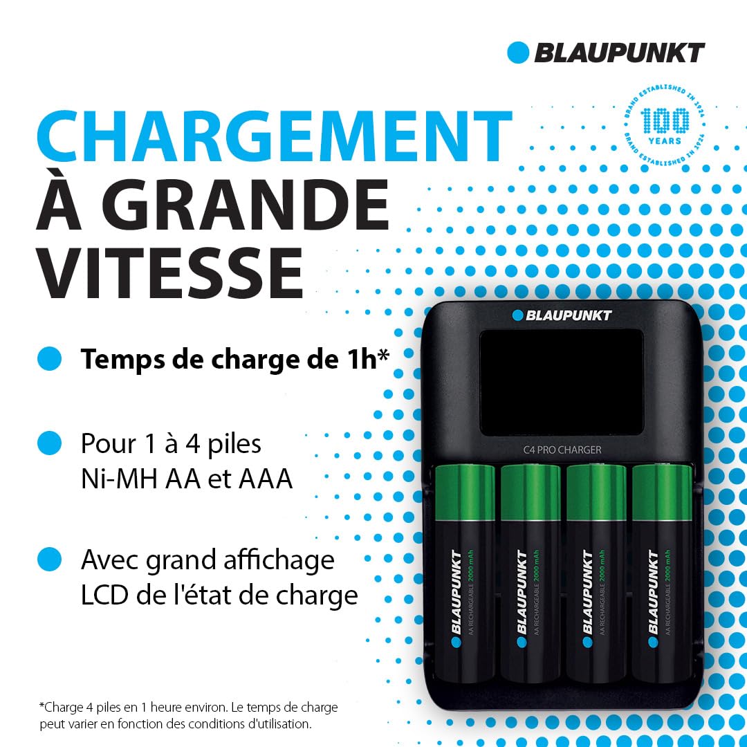 Blaupunkt Chargeur de Piles USB, pour 1-4 Piles Rechargeables AA,AAA, Rapide: 1h de Temps de Charge, 4 Blaupunkt Piles AA incluises 2000 mah