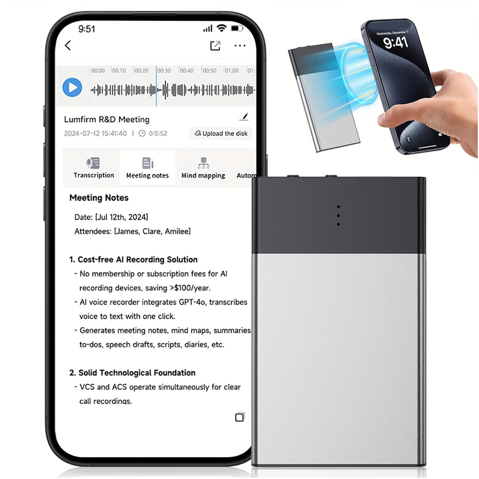 Denash Digital Voice Recorder AI, App Control 100+ Języki Transkrybujące Spotkania, łatwo Dołącz do Telefonu, 12 Godzin Ciągłe Nagrywanie, Lekkie, Samodzielne Nagrywanie z redukcją (64G)