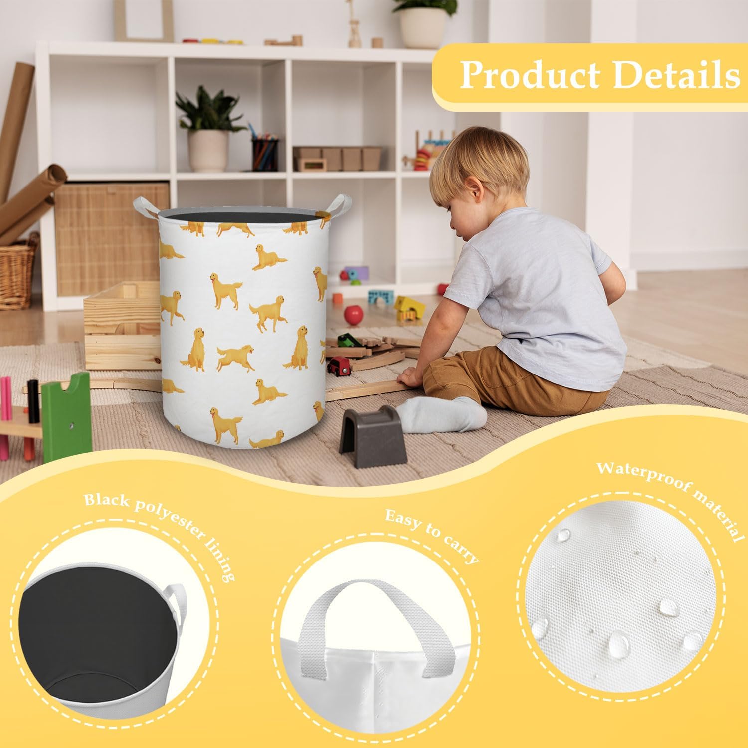 Golden Retriever Dog Laundry Basket, Toybox for Boys Girls, Golden Retriever Laundry Basket Hamper Waterproof Collapsible Clothes Toys Storage Bin Organizer for Bedroom Bathroom Kids Room Dorm