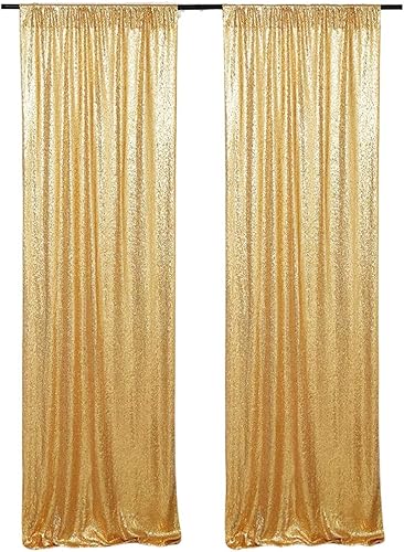 Poise3EHome 2 cortinas tipo telón de fondo de lentejuelas doradas de 2 x 8 pies, cortinas de fondo de lentejuelas gruesas de satén con purpurina,