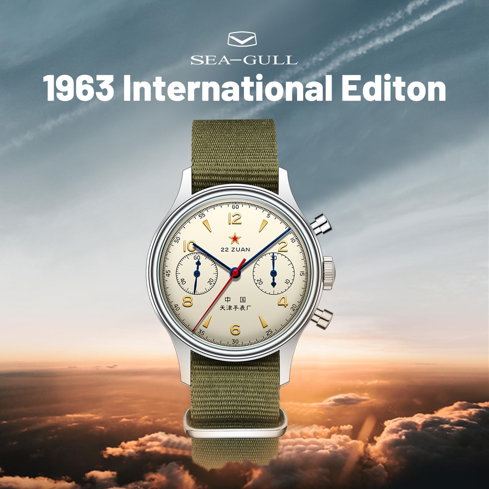 Seagull Herren Mechanische Armbanduhr 1963 Luftfahrt Chronograph Pilot Mechanische Uhr Handaufzug GD 1963 International Edition ST1901