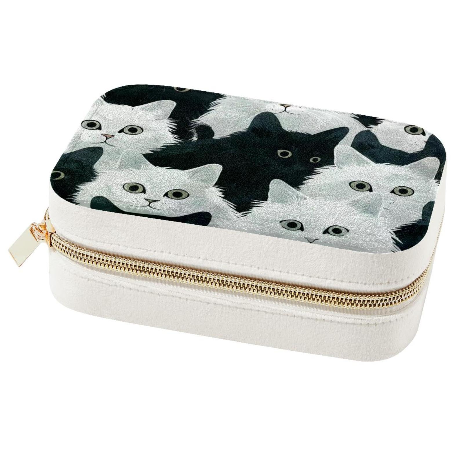 Boîte à bijoux portable chat noir et blanc pour vos voyages de week-end
