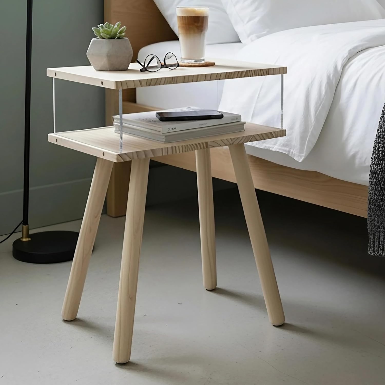 Modern Acrylic Bedside Table, Double-Tier Solid Wood Nightstand with Storage Shelf, Minimalist Floating Side Table Suitable for Bedrooms, Living Rooms, and Compact Spaces