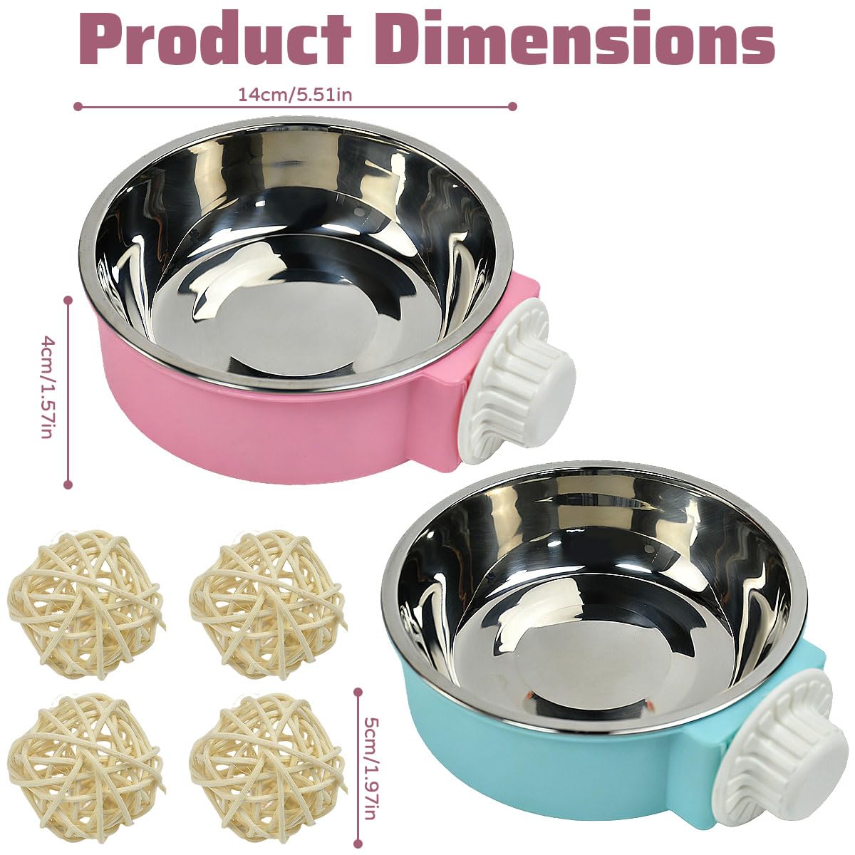 2PCS Cuenco Colgante para Jaula, Comedero Colgante Perro y Conejo con 4 Bolas de Mimbre, CuencoColgante 2 en 1 Extraíble de Acero Inoxidable para Hámster, Cobaya, Chinchilla y Animal Pequeño — view 2